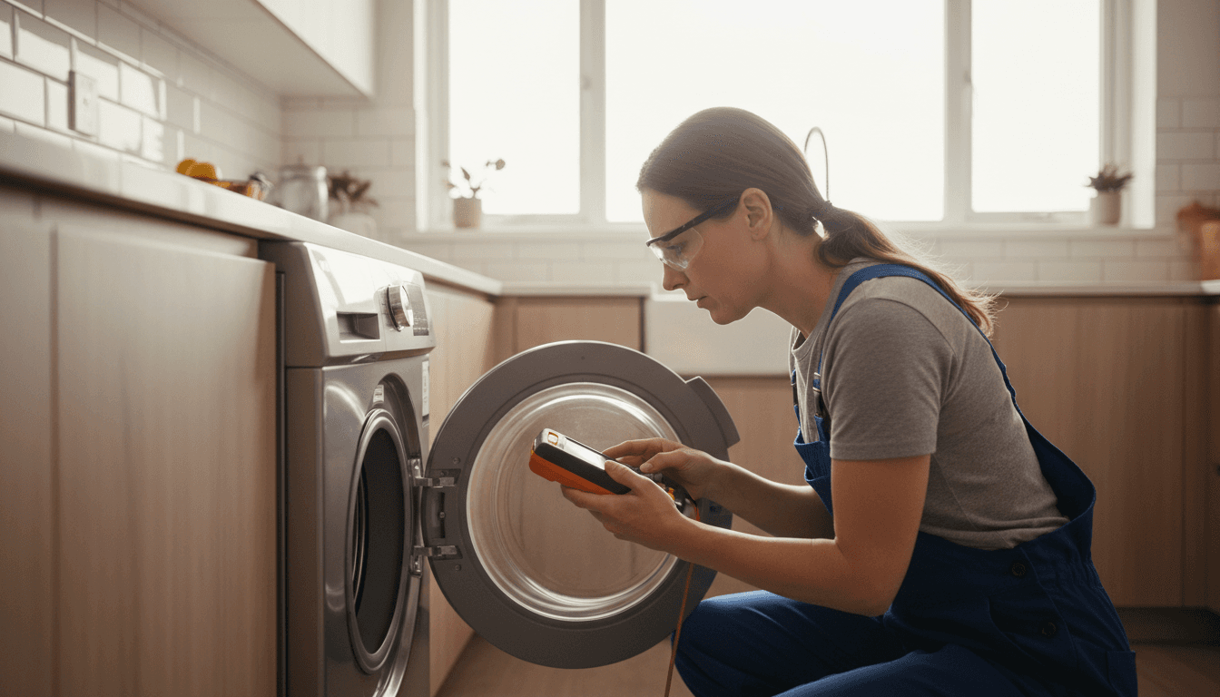 Appliance technician diagnosing a washing machine in a customer's kitchen