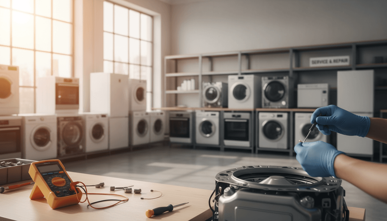 Technician performing detailed inspection on appliance components at Electro Vets workshop