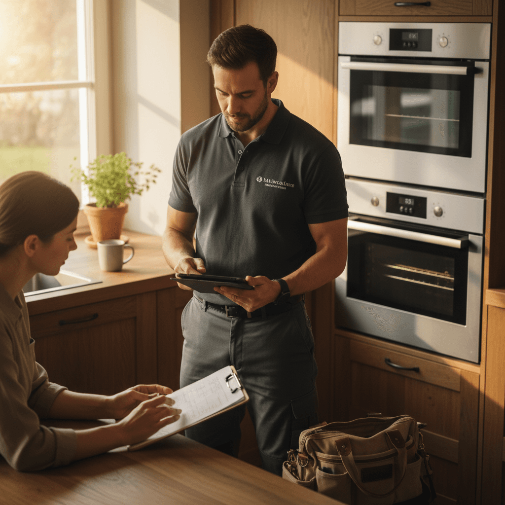 Appliance repair technician explaining diagnosis to homeowner