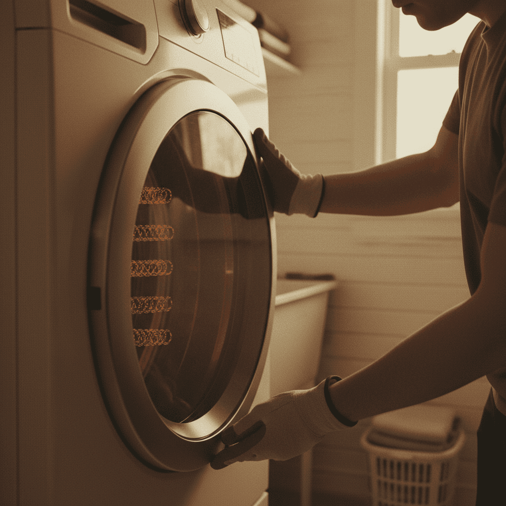 Dryer repair technician inspecting heating element