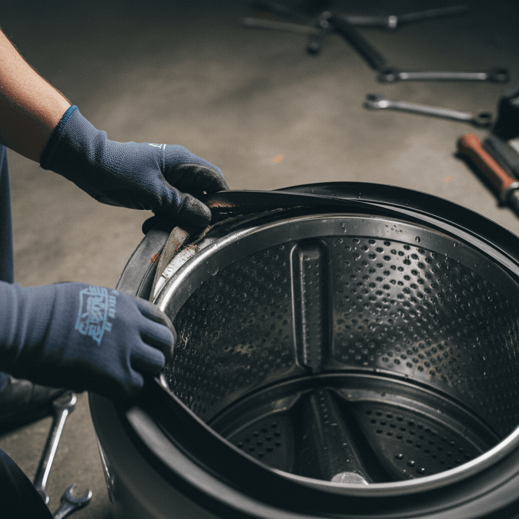 Washing machine repair technician inspecting internal drum component