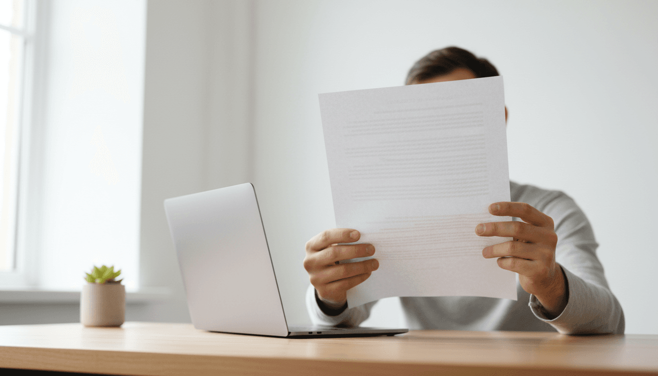 Person reading document with laptop in minimalist background.