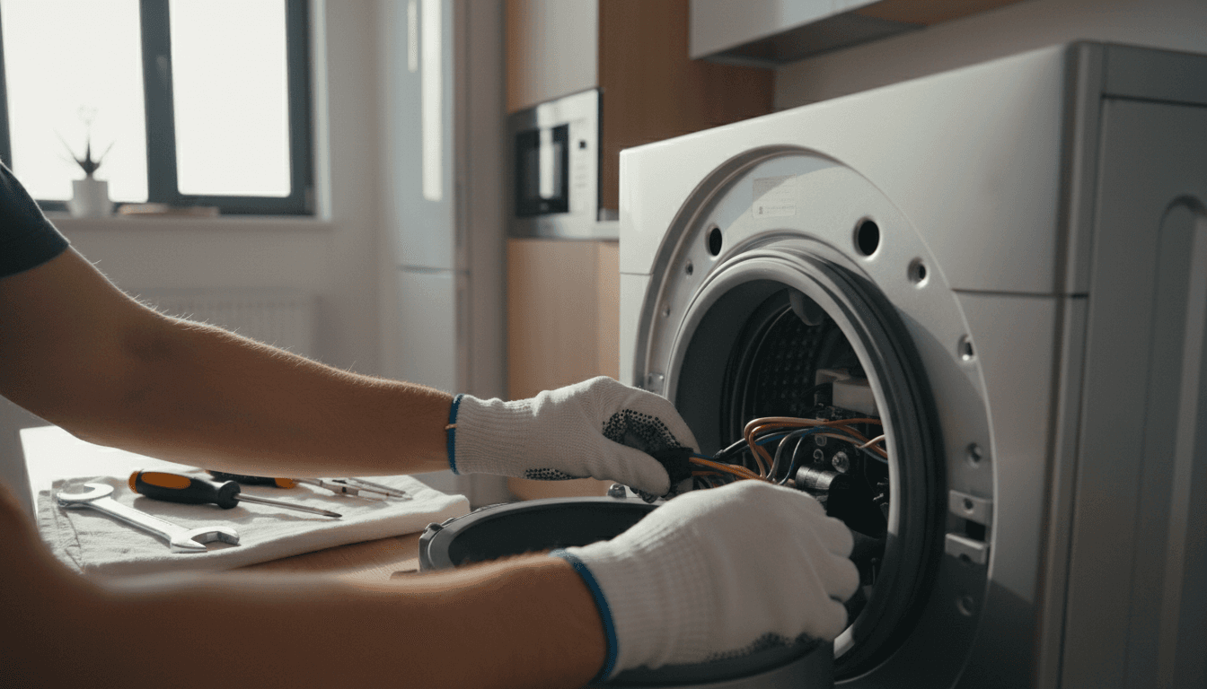 Electro Vets technician inspecting household appliance during in-home repair service in Mortsel