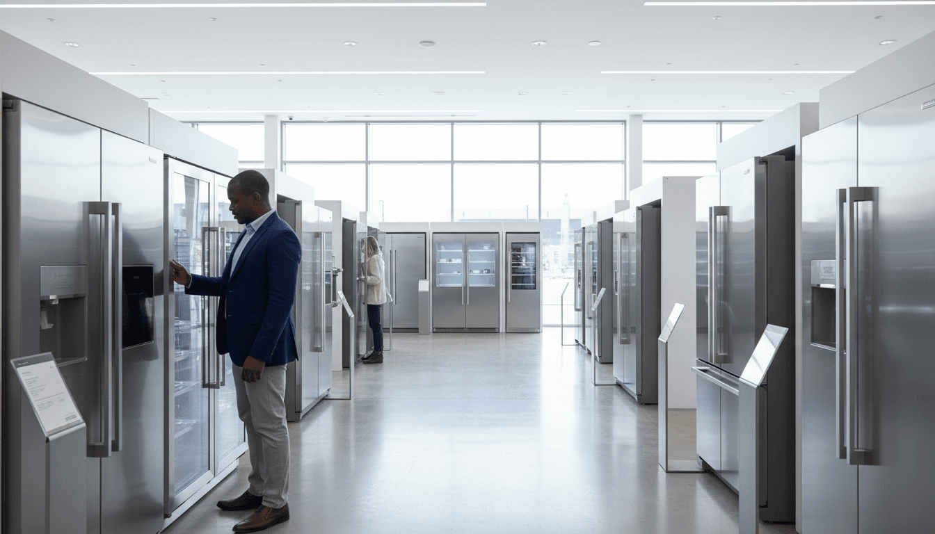 Bright modern appliance showroom with multiple stainless steel refrigerators displayed, customers browsing retail floor with natural window lighting