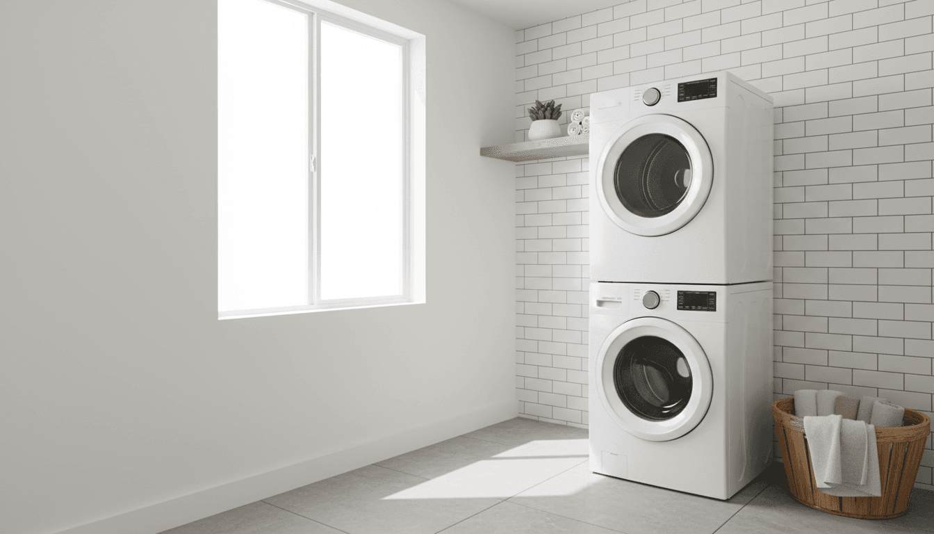 Modern laundry room with white stacked washing machine and dryer next to folded linens and plants