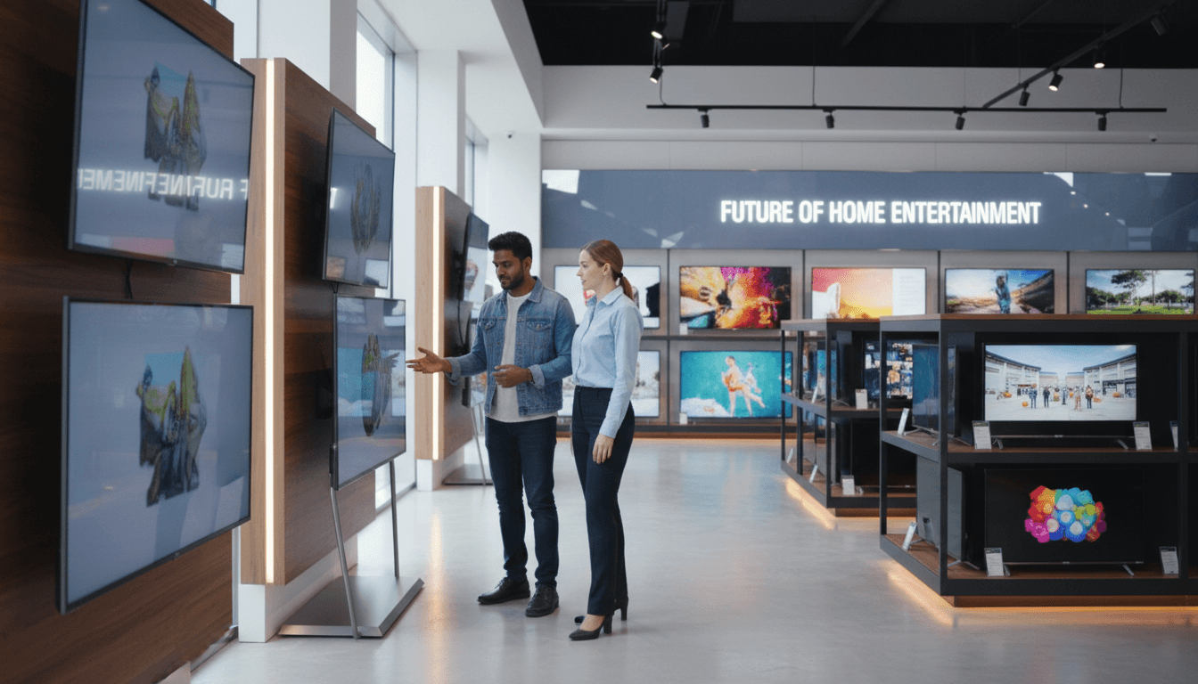 Sales associate demonstrating television features to diverse customer in bright modern electronics retail showroom with multiple displays
