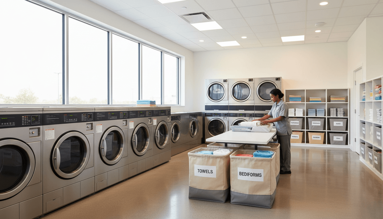 Modern laundry facility with commercial machines, equipment, and team member organizing clean garments in organized workspace