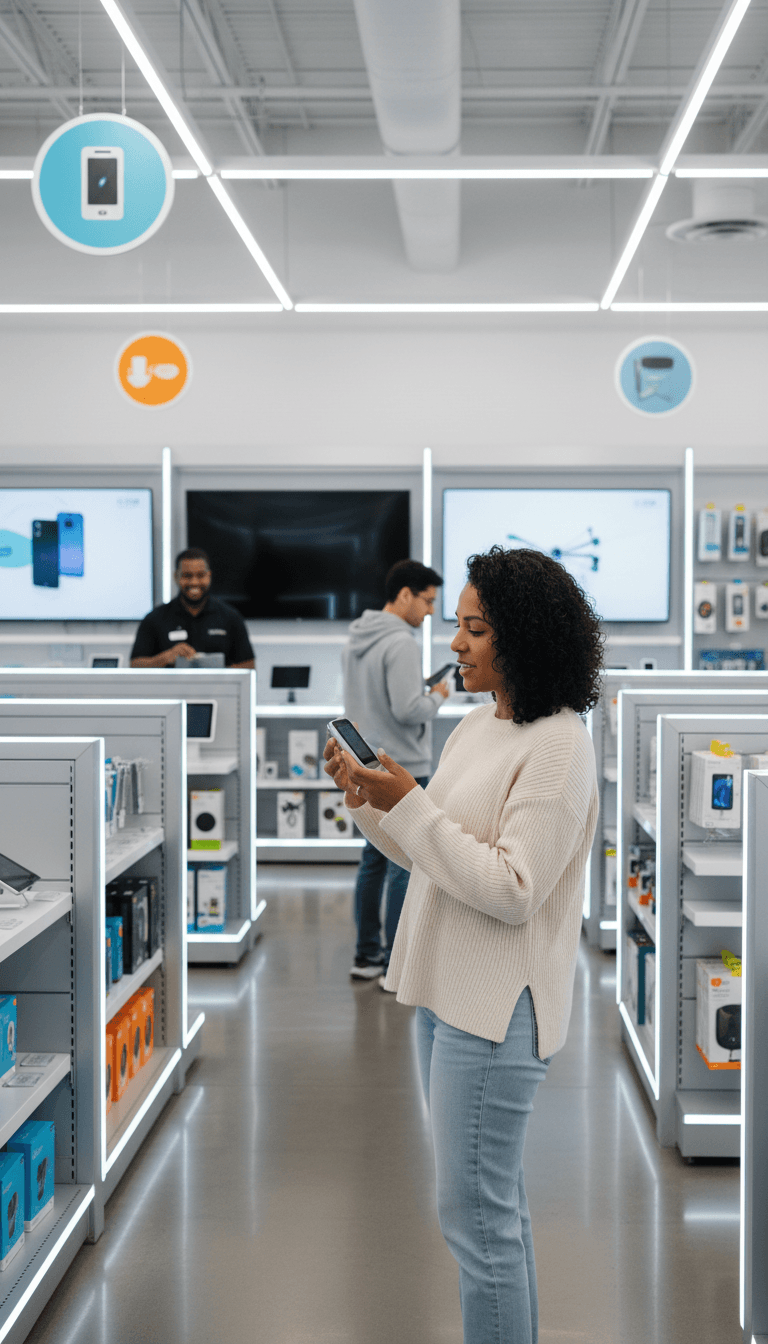 Retail customer browsing organized electronics displays with staff assistance in modern, well-lit store section