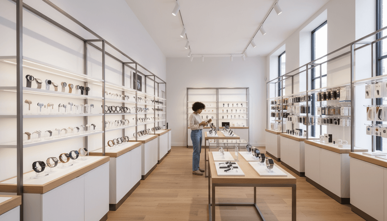 Modern electronics retail shop interior with organized displays of smartwatches and wireless earbuds, customer browsing products